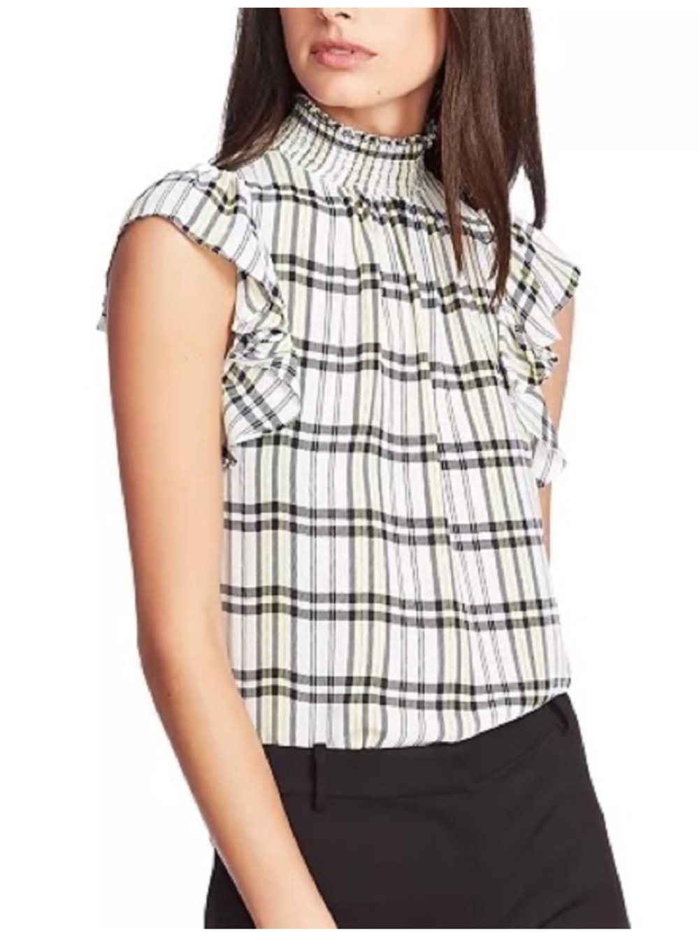 Revolve Plaid Ruffle Sleeve Mock Neck Top